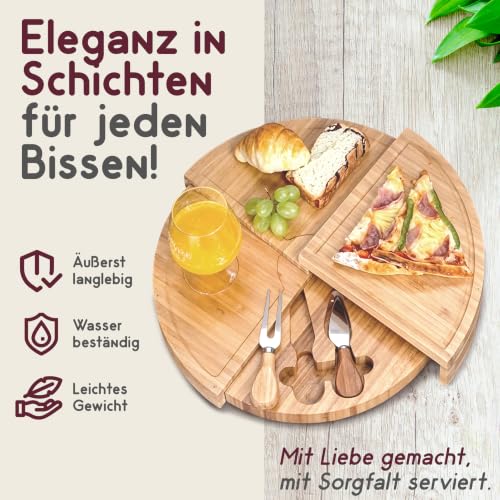 Bambus Käsebrett mit Käsemesser Set, 4 Lagen Rundes Käseplatte Servierbrett für Käse und Häppchen, Charcuterie Board, Drehplatte Servierplatte Holz drehbar, Serving Plate mit Käsemessern – Bild 4