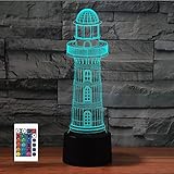 SUPERRUIDALONG 3D Lighthouse Remote Control 16 Color Night Lights Illusion Acrylic LED Table Bedside Lamp Children Bedroom Desk Decor Birthday Gifts Toy for Kids