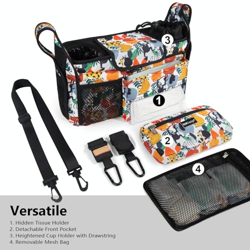 Image of TOPDesign Universal Baby Stroller Organizer, Stroller Caddy with Detachable Mesh Bag & Heightened Insulated Cup Holders & Non-Slip Secure Hooks Accessories, Fits Most Strollers (Zoo)
