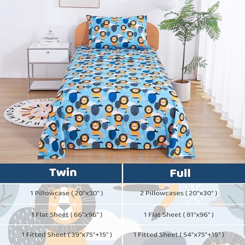 Image of Viviland 3 Pieces Boys Blue Twin Sheet Set - Soft Microfiber Fitted Flat Sheets & Pillowcase - Lion Tree Bedding Sets - for Kids & Toddlers