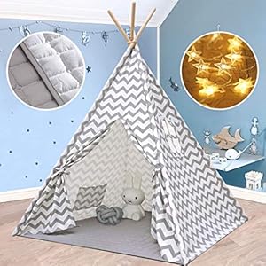 Tipi tent voor kinderen met gewatteerde mat- Speeltent voor jongen meisje binnen en buiten, grijze Chevron zware…