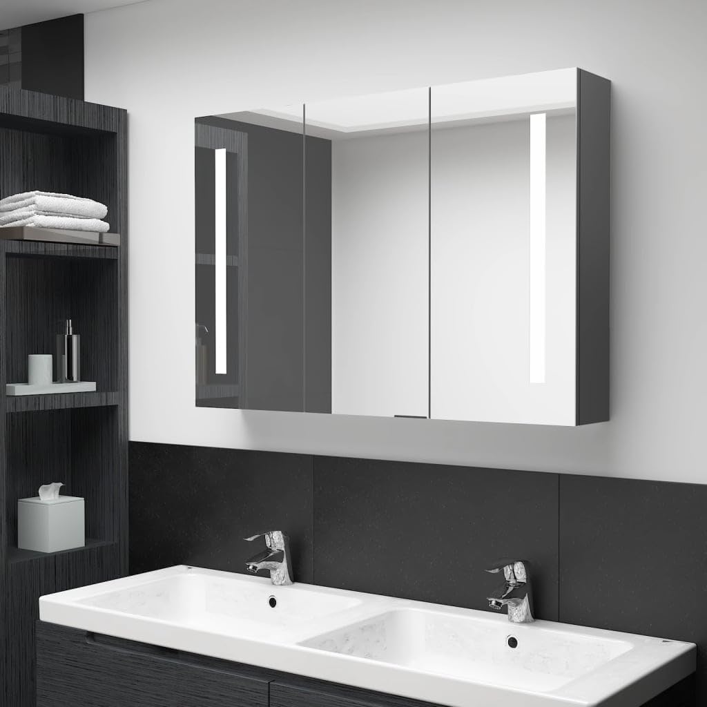 LED Bathroom Mirror Cabinet with 5 Shelves and Integrated Lighting, Grey MDF in Melamine Finish, Glass Mirror Medium for Vanity and Grooming Area, Modern Wall Mounted Storage