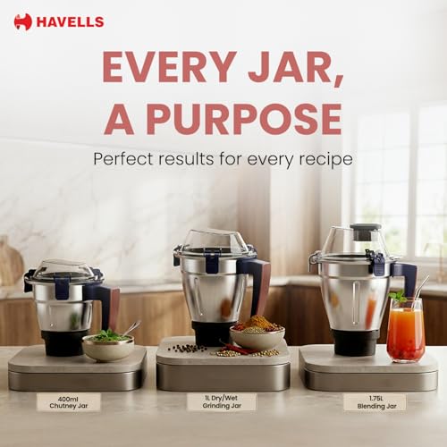 Image of Havells Atomica 1000W 3 Jar Mixer Grinder | 3 Speed | Air Vent Tech | Stainless steel blade | Dark Blue and Brown color