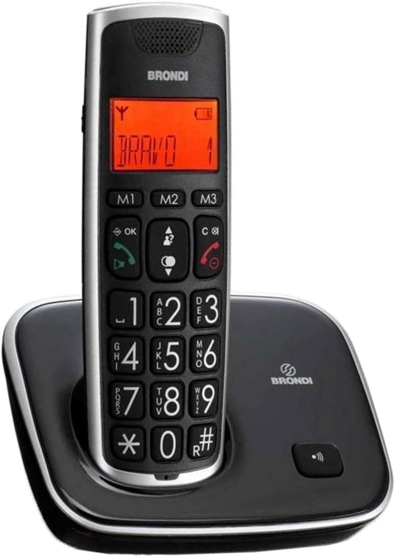 Telefono cordless Brondi Bravo Gold con la scritta 'BRAVO' visualizzata sullo schermo