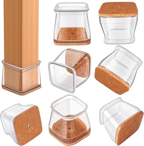 Image of JICOOT 4 Pcs Chair Leg Floor Protectors for Wooden & Tile Floors | Square Silicone Furniture Leg Caps with Felt Pads | Anti-Scratch, Noise-Reducing Chair & Stool Leg Covers | Clear, Large