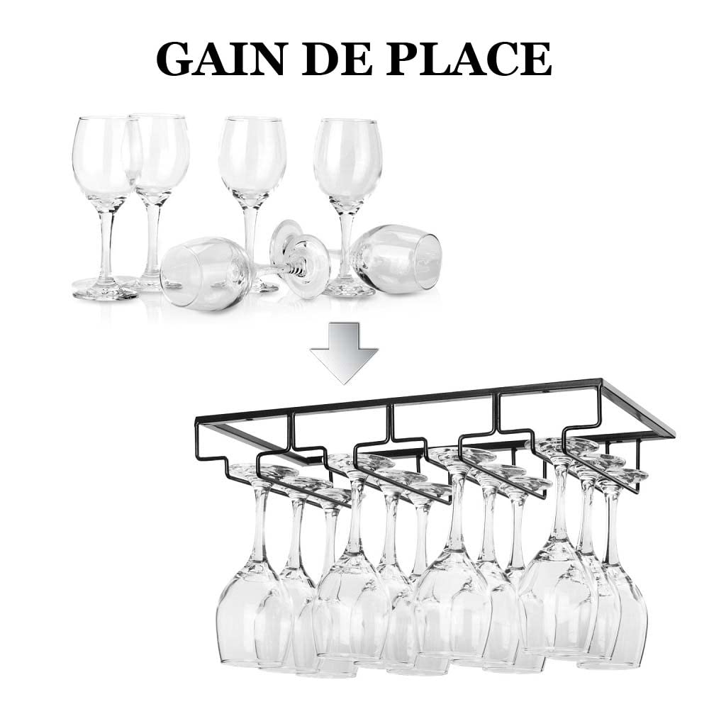 FOMANSH Support de Verre à Vin - Porte-Verres à Pied Suspendu sous Armoire en Métal avec Vis, Support de Rangement pour Verre en Fer Inoxydable avec 4 Rangées pour Cuisine, Bar, Restaurant Noir