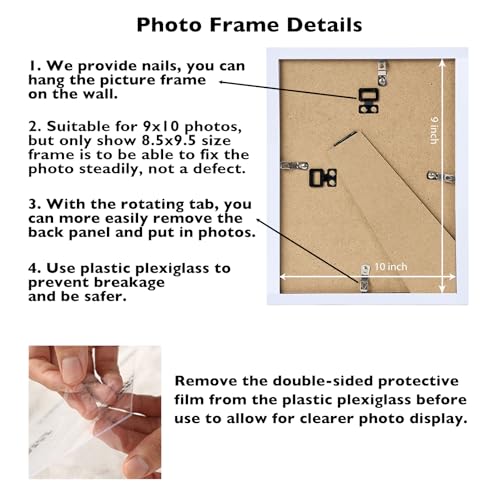 Image of JCJMY 9x10 Picture Frame White for Wall Hanging or Tabletop, Wall Mounting Horizontally or Vertically, 9 x 10 Wall Gallery Poster Photo Frame with Shatter Resistant Plexiglass, White