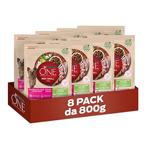 PURINA ONE Mini Small Controllo del peso Crocchette per Cani Adulti Sterilizzati con Tacchino e Riso 8 Sacchi da 800g