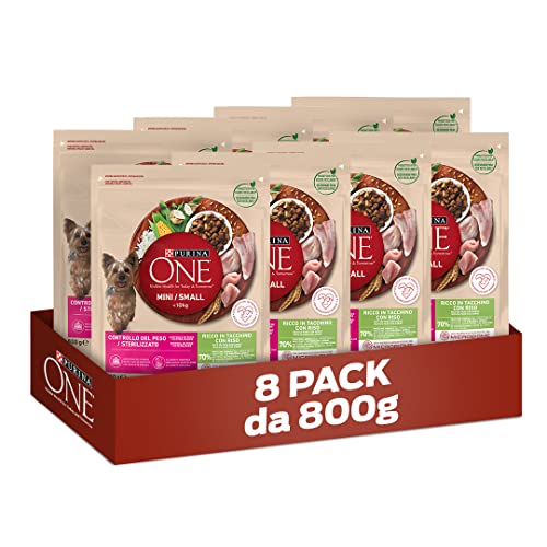 Purina One Mini  10 kg Controllo del Peso Crocchette per Cani di Piccola taglia Ricco in Tacchino con Riso, 8 Confezioni da 800 g