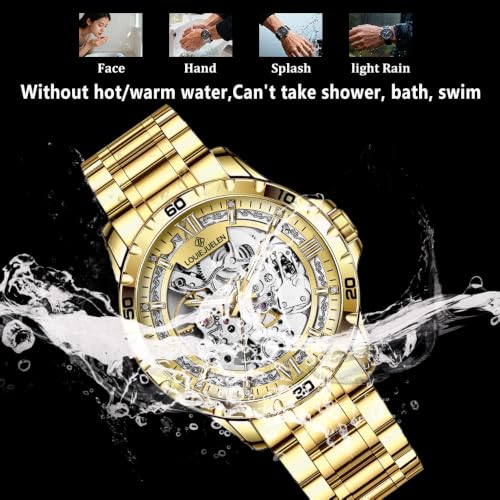 Image of Skeleton Automatic Mechanical Watch Mens Business Luxury Gift Steel Band | Stainless Steel Waterproof Male Golden Wristwatch Luminous Markers & Hands Hardlex Mirror Butterfly Double Button