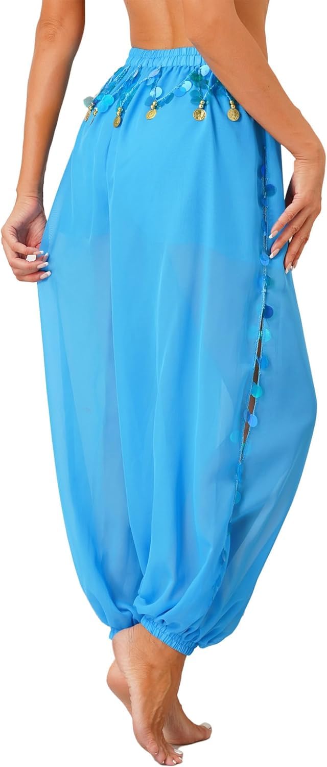 Pantalones de disfraz de danza del vientre para mujer, con lentejuelas divididas laterales, pantalones de yoga harén brillante, pantalones árabes de Halloween