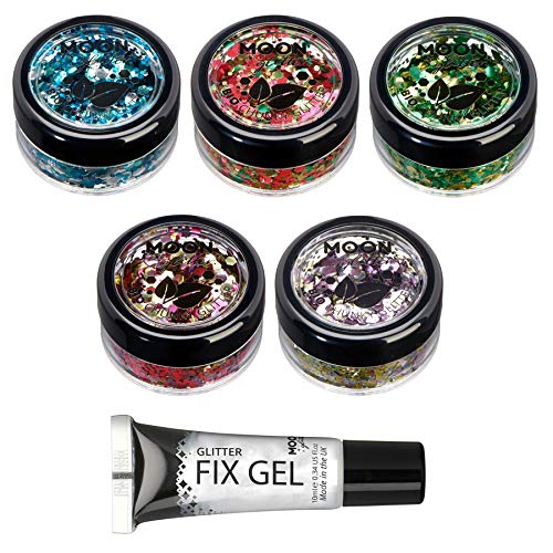 Mystic Biodegradable Eco Chunky Glitter by Moon Glitter - Set of 5 Colours + Fix Gel - Cosmetic Bio Festival Makeup Glitter for Face Body Nails Hair Lips - 3g