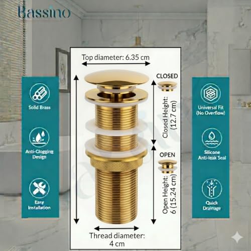Image of BASSINO Premium 5 Inch Brass Waste Coupling /Washbasin Drainer /Rust-Proof Pop-Up for Basin /Drain Stopper for Tabletop, Wall-Mount & Pedestal Wash Basins(Glossy-Golden)