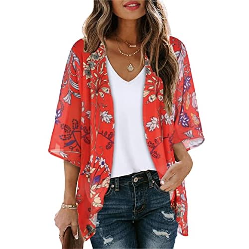 Women's Floral Print Puff Sleeve Kimono Cardigan Loose Cover Up Casual Blouse Tops Small Aa Boho Red