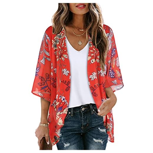Summer Kimono Cardigan for Women Sheer Boho Tops Casual Open Front Swimwear Shirts Beach Cover ups (Boho Red,M)