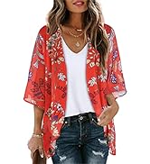 Women's Floral Print Puff Sleeve Kimono Cardigan Loose Cover Up Casual Blouse Tops