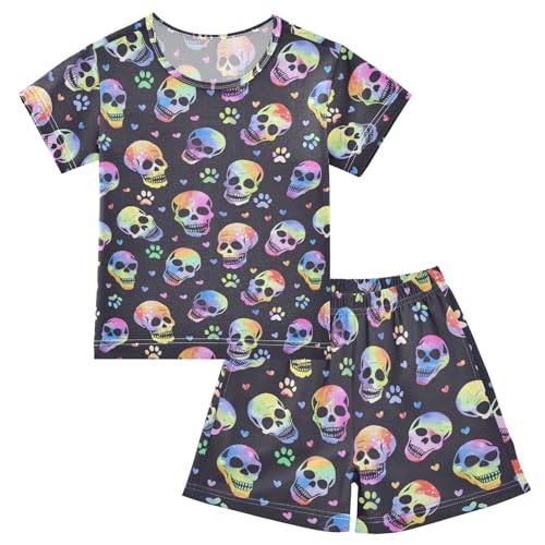 ALAZA Rainbow Skulls Paw Hearts Pajama Set Short Sleeve Sleepwear Soft Lounge Nightwear