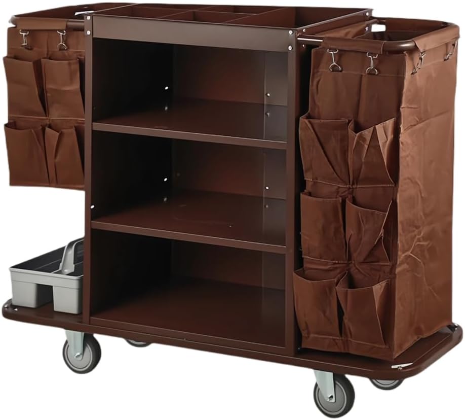 Cleaning Trolley, Industrial Multifunctional Hotel Cart, with 3-Tier Shelves, Tool Basket & Large Storage Bags, Silent Wheels, Modular Utility Cart,with Side Pockets