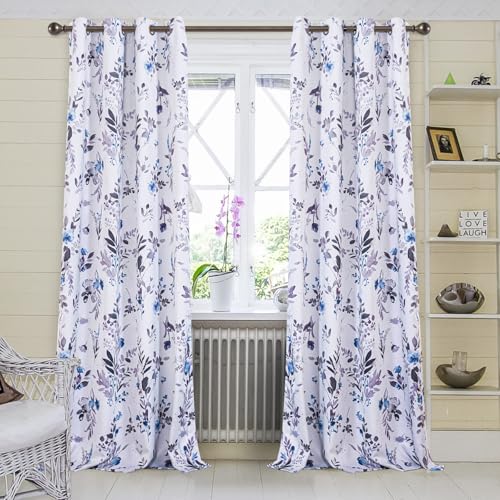 Image of MYSKY HOME Floor to Ceiling Floral Blackout Curtains 108 inch Long 2 Panels Set Thermal Insulated Room Darkening Drapes Grommet Top for Living /Dining Room, Grey and Blue, 52 inch W Each Panel