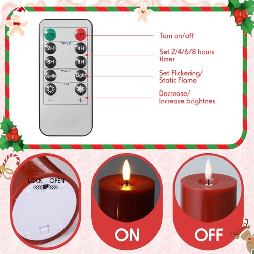 Image of Retisee 3 Pcs Fall Thanksgiving Large Flameless LED Battery Operated Candles with Remote Halloween Real Wax Candles for Indoor Outdoor Party Wedding Lights Decorations (Red)