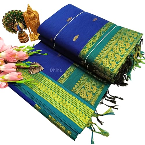 Image of DHIHA Gadwal Cotton Saree for Women | Pure Kalyani Cotton Saree with Zari Border Tassels & Blouse | Kanjivaram Linen Silk | Handloom Weave