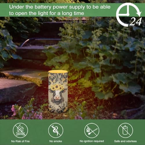 Image of Poceacles Cow Sunflower Pattern LED Flameless Candles with Remote and Timer, Battery Operated Fake Flickering Candles for Home Wedding Decor