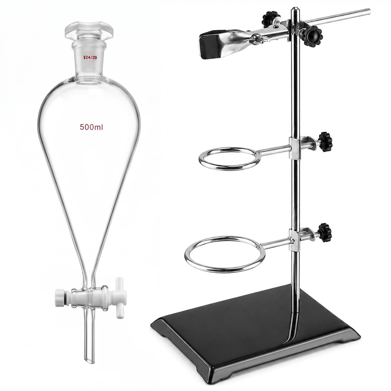 QWORK Imbuto separatore conico da 500 ml con supporto da laboratorio - Imbuto separatore in vetro borosilicato resistente con giunto 24/29 e rubinetto di arresto in PTFE per estrazione, titolazione e