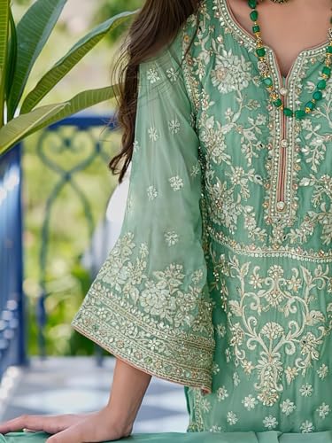 Image of INDO ERA Women's Organza Kurta and Pant with Dupatta Set