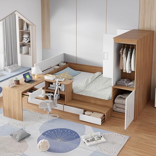 THINK 30 Wooden Platform Bed with 6 Drawers, Shelves, Desk