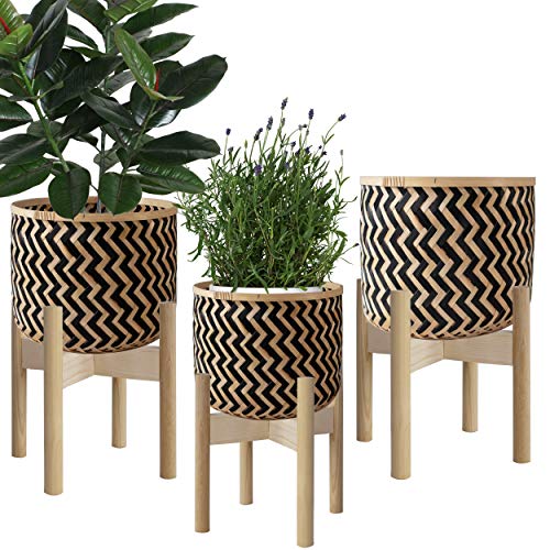 Made Terra Macetas de mimbre tejido natural con soporte, cubierta para maceteros con soporte de madera para decoración de interiores moderna, juego de 3 unidades, L, M, S (Zigzag)