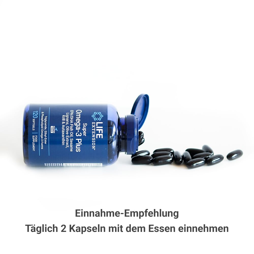 Life Extension - Super Omega-3 Plus EPA/DHA 120 Kapseln - Sesam-Lignane, Olivenextrakt, Krill & Astaxanthin - Hochdosierte Omega-3 für Herz- & Gehirngesundheit