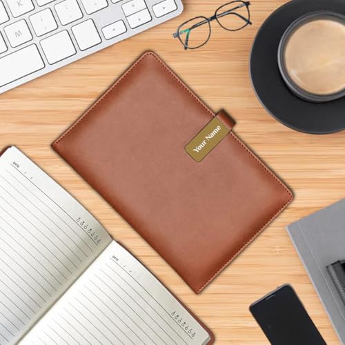 Image of Giftana Personalized Diary with Name, Customized Leather Diary with Magnetic Overlap Lock,192 Pages, Personalised A5 Notebook Diary, Office Use, New Year Corporate Gifts for Employee (Tan - Gold Clip)