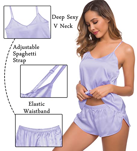 Image of SWOMOG Womens Silk Satin Pajamas Sets 4pcs Sleepwear Sexy Cami Shorts Set and Button Down Short Sleeve Pjs Loungewear Solid Color Lavender Small