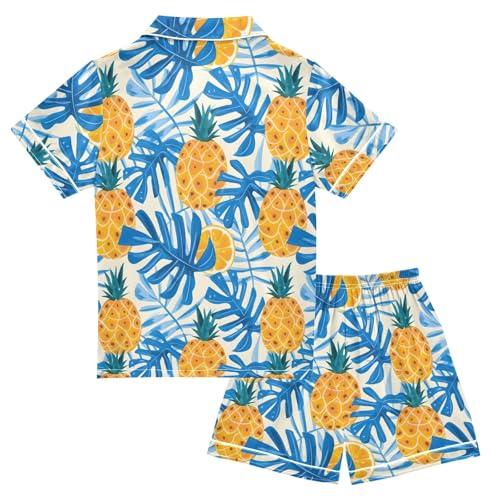 Summer Leaf with Pineapple Summer Satin Pajama Set, Cute Button-Down Sleepwear Pj Set for Sleep Wears2