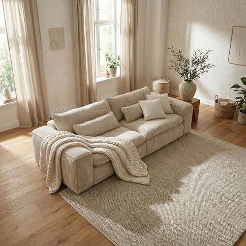 Big Sofa 300 cm breit, Modell Vince, Tiefe Sitzfläche, pflegeleichter Stoffbezug, Nosagfederung, Rücken echt bezogen, mittlere Sitzhärte, inkl. 2 Rückenkissen, 2 Nierenkissen, Beige Big Sofa 300 cm breit, Modell Vince, Tiefe Sitzfläche, pflegeleichter Stoffbezug, Nosagfederung, Rücken echt bezogen, mittlere Sitzhärte, inkl. 2 Rückenkissen, 2 Nierenkissen, Beige