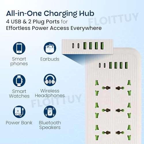 Image of FLOITTUY 6‑Outlet Extension Board with 4 USB & 2 Fast Charging Type-C Port | Wall Mountable Extension Board | 2500W Multi Plug Extension Cord for Home & Office | Surge Protector Power Strip
