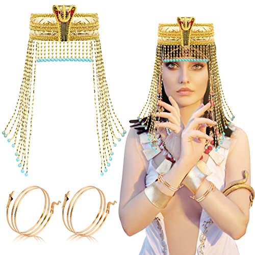 SAVOSWEET 3 Pieza Diademas Egipcias de Cobra Egipcia, Corona de la Reina de Egipto, Pulsera de Serpiente Dorada, Brazalete de Serpiente, Disfraz de Cleopatra de la Reina del Nilo