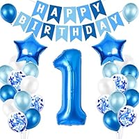 1st Birthday Decorations for Boys, Number 1 Balloon, Blue Silver 1st Party Decorations, Happy Birthday Bunting Banner, 32inch Foil Number 1 Balloons Set for Birthday Party Anniversary Decorations