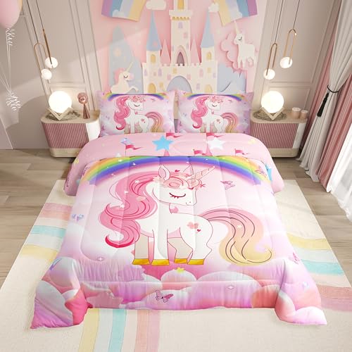 Image of Erosebridal Unicorn Girls Bedding Set - Queen Size Cute Rainbow Comforter Set Kids Cartoon Kawaii Cute Duvet Set Pink Unicorn Quilt Stars Fantasy Girls Room Decor Teens Children Reversible
