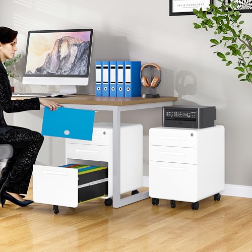 Image of 3 Drawer File Cabinet with Lock,Under Desk File Cabinet,White Rolling File Cabinets,Three Drawer Filing Cabinets for Home Office with Wheels,Fit A4 /Letter /Legal File,Fully Assembled Except Casters