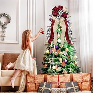 Christmas Tree Topper Large Buffalo Plaid Burlap Red and Black Gift Bow for Xmas Tree Handmade Holiday Party Decorations-13 x 29 Inch Christmas Tree Topper Large Buffalo Plaid Burlap Red and Black Gift Bow for Xmas Tree Handmade Holiday Party Decorations 13 x 29 Inch