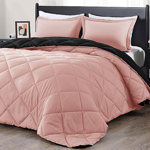 Image of downluxe Queen Comforter Set - Pink and Black Queen Comforter, Soft Bedding Sets for All Seasons -3 Pieces - 1 Comforter (88 inchx92 inch) and 2 Pillow Shams(20 inchx26 inch)