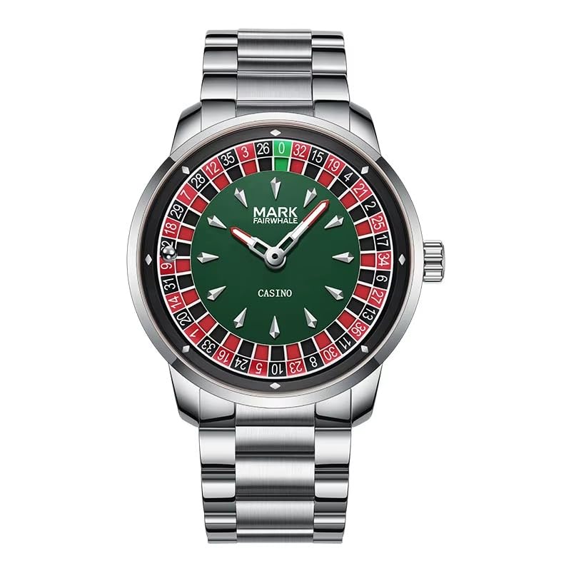 Image of MARK FAIRWHALE Casino Roulette Dial Men's Watch, Stainless Steel Band, Silver Green, 43mm, Quartz Movement, Water Resistant 3 Bar, Luminous Hands