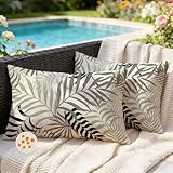 Jayusaror Outdoor Kissenbezug 30x50 cm Schwarz Grau Kissenhülle Wetterfest Sofakissen Gartenkissen Sommer Tropische Blätter Deko Kissen Kissenbezüge für Sofa Garten Deko 2er Set