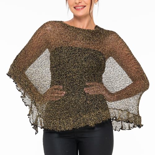 Image of SHU-SHI Women's Sheer Knit Poncho Shrug Lightweight Asymmetrical Ruffle Wrap Dressy Summer Shawl Cover Up Top