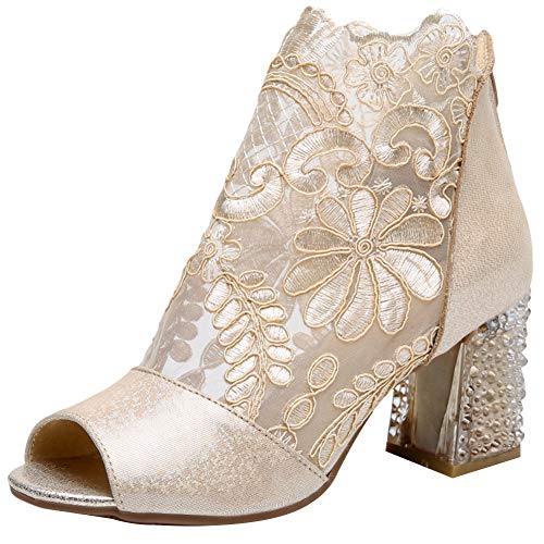 Jamron Mujer Respirable Encaje Peep Toe Talón de Bloque Verano Sandalia Botines Vestido Pumps Zapatos Oro SN02538 EU40