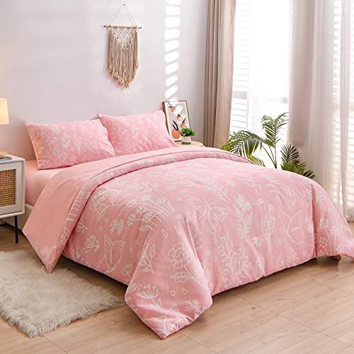 A Nice Night Bedding Set 3Piece Comforter Sets,Plant Floral Butterfly Comforter Set-Soft Microfiber Bedding Sets For All Season,Pink King Size #TOP23