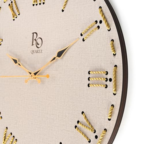 Image of Wooden Round Shape Roman Dial Wall Clock with Golden Hand & Golden Zari Rope Detailing | Silent Quartz Movement Anti Reflection Analog Vintage Clock for Home and Office (Ivory, 15.5 Inch)