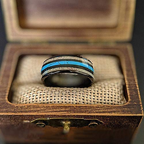 Mens Turquoise Ring Tungsten Wedding Band Black Deer Antler Rings for Men, Unique Nature Ring with Turquoise Inlay