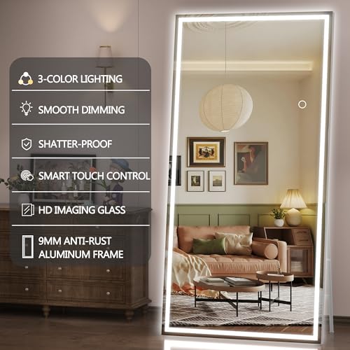 Hasipu Full Length Mirror with Lights, 79" x 32" LED Lighted Floor Standing, Full Body Dressing Hanging Mounted Mirror, Tempered Glass, Square White by Hasipu - Used condition - Image 7